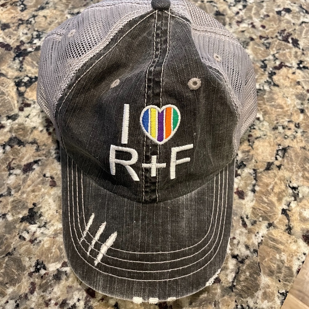 Embroidered Distressed “I Love R + F” Baseball Cap